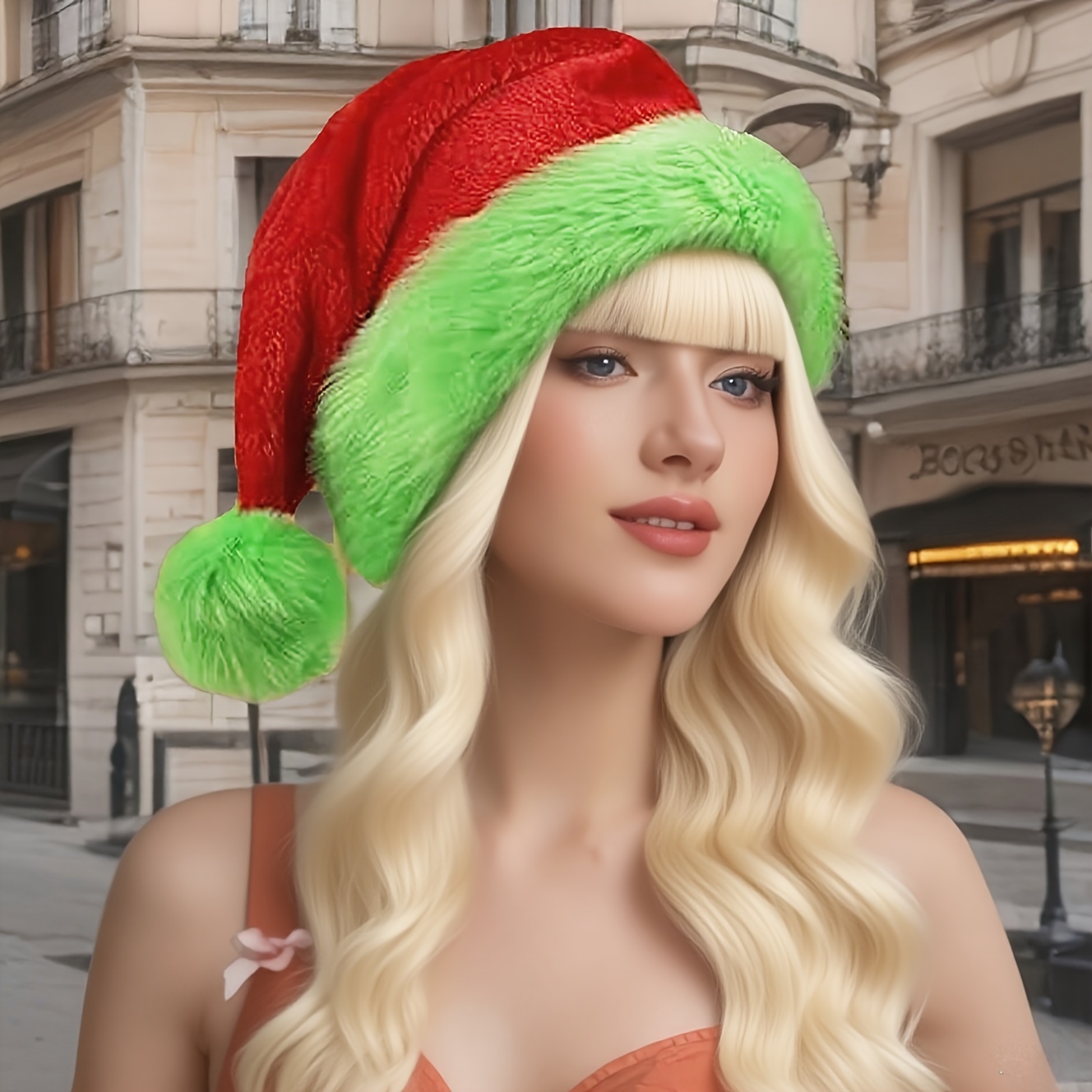 Santa Hat Plush - 蛍光グリーンエッジの赤いサンタ帽子、二重断熱の柔らかい素材、クリスマスパーティー、ホリデー装飾帽子