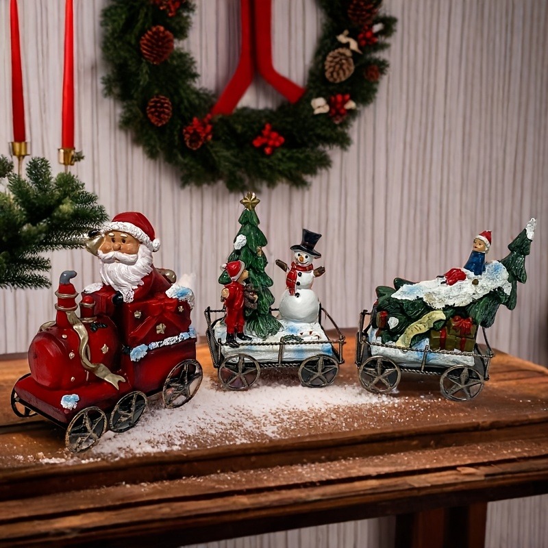 Nutcracker Figurine - 3個入り レジン製 クリスマス列車セット サンタクロース列車 雪だるま クリスマスツリー飾り