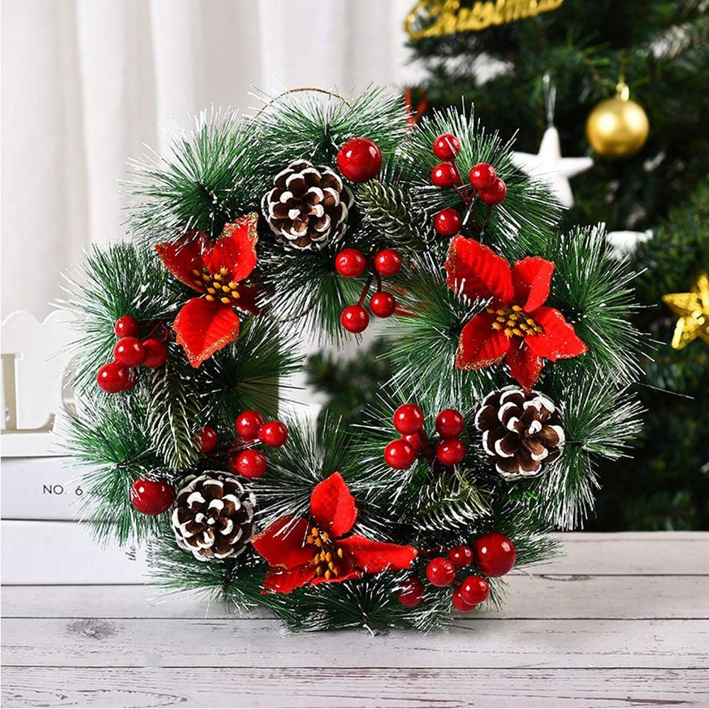 Christmas Wreath Fake - 玄関用クリスマスリース1個、赤い花、松ぼっくり、果物の葉、雪の結晶をあしらった人工リース、屋内屋外用