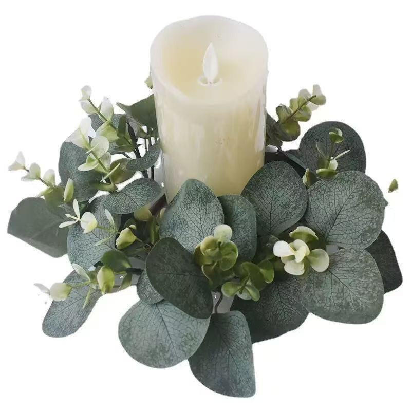 Christmas Wreath Fake - ユーカリのリース クリスマスキャンドルホルダー ウェディングキャンドルリング キャンドルスティック 人工植物 フェイクリーフ