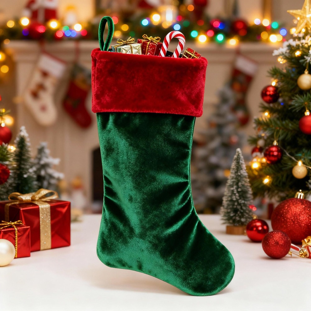 Christmas Stocking Hanging - 赤と緑のベルベット製クリスマスストッキング、詰め替え可能なクリスマスギフト収納ソックス、大型クリスマスツリー用吊り下げソックス