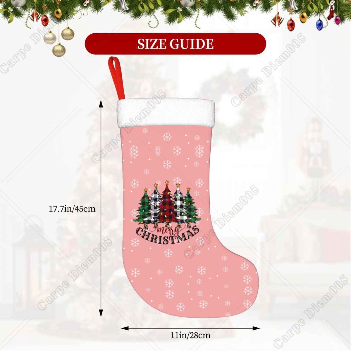 家族のためのハンギングクリスマスストッキング、ピンクの雪片、 - Christmas Stocking Hanging のレビューと価格