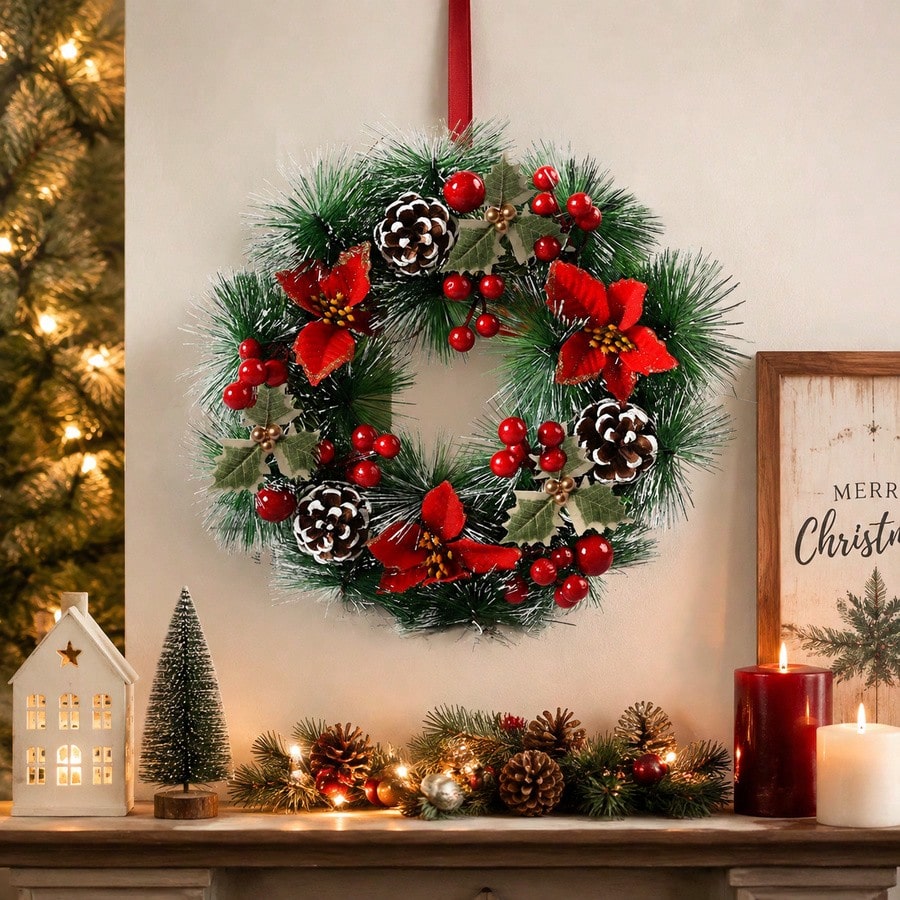 玄関用クリスマスリース1個、赤い花、松ぼっくり、果物の葉、雪 - Christmas Wreath Fake のレビューと価格