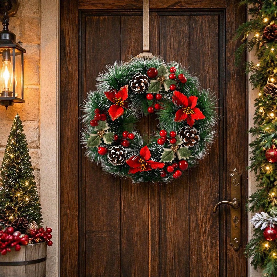 玄関用クリスマスリース1個、赤い花、松ぼっくり、果物の葉、雪 - Christmas Wreath Fake のレビューと価格