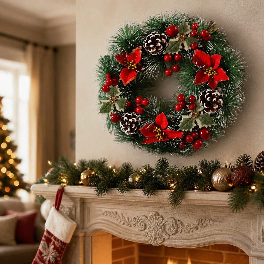 玄関用クリスマスリース1個、赤い花、松ぼっくり、果物の葉、雪 - Christmas Wreath Fake のレビューと価格