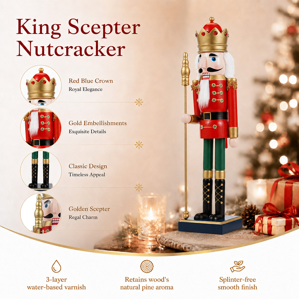 50CM木製くるみ割り人形王の杖人形工芸品パペット像クリスマ - Nutcracker Figurine のレビューと価格