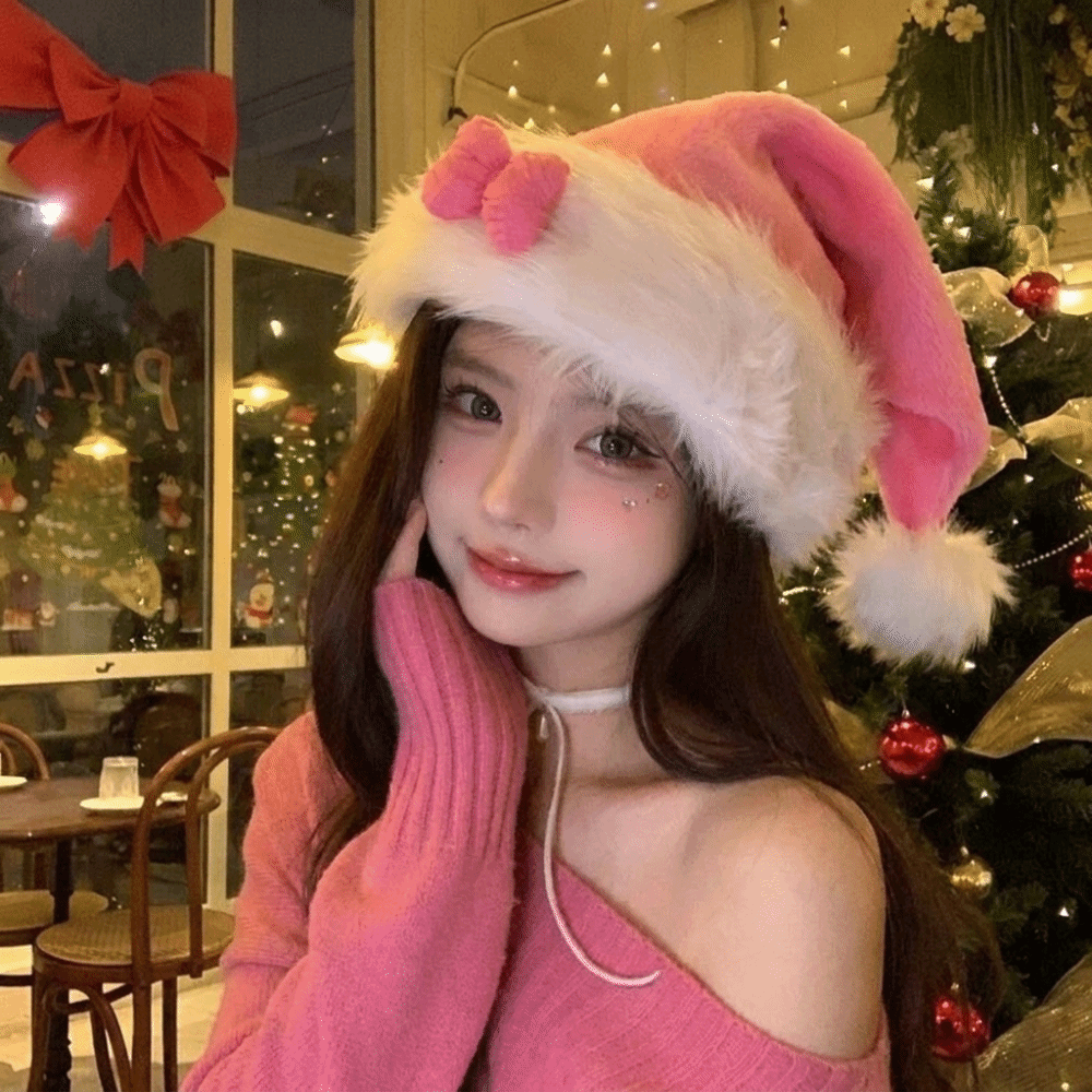 シックな星柄のピンクのリボン付きサンタ帽子 ふわふわで柔らか - Santa Hat Plush のレビューと価格