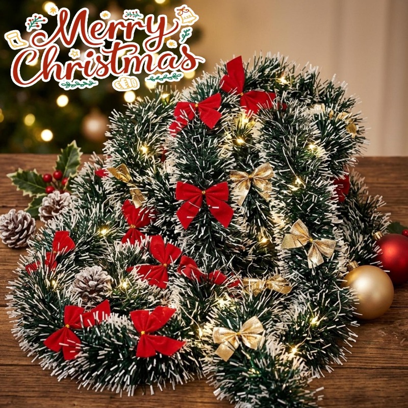 20/2m クリスマスティンセルガーランド リボン付き グリ - Tinsel Garland Decoration のレビューと価格
