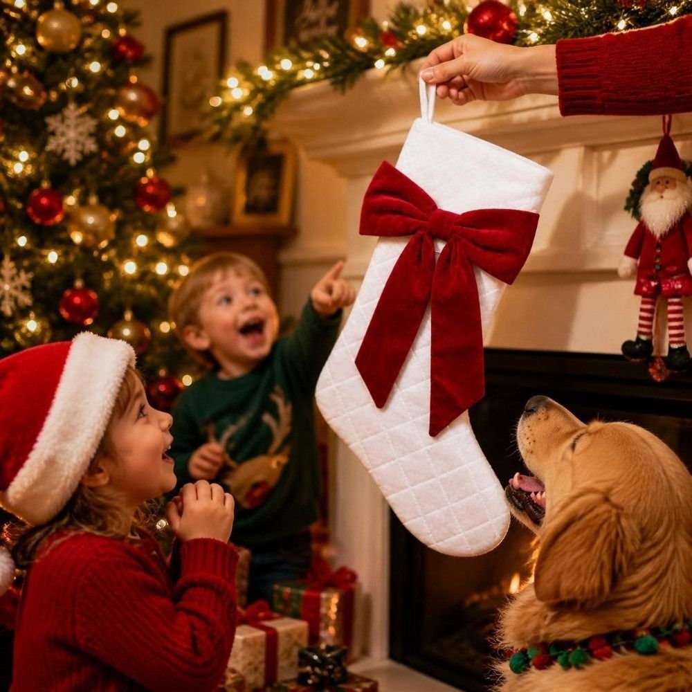 リボン付きチェック柄クリスマスストッキング、パッド入りリボン - Christmas Stocking Hanging のレビューと価格