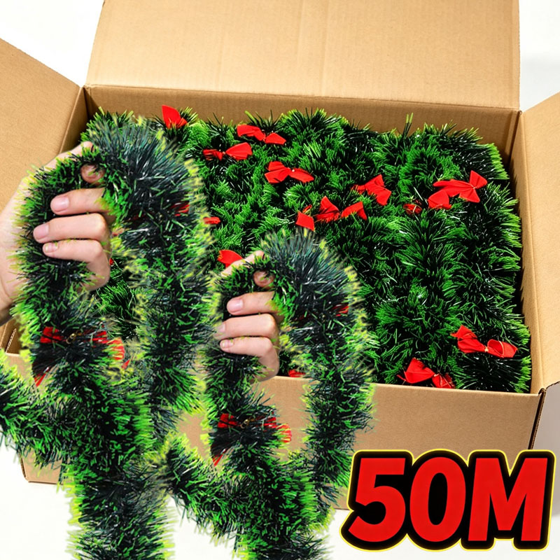 クリスマスライトグリーンのティンセルガーランド、赤いリボン付 - Tinsel Garland Decoration のレビューと価格