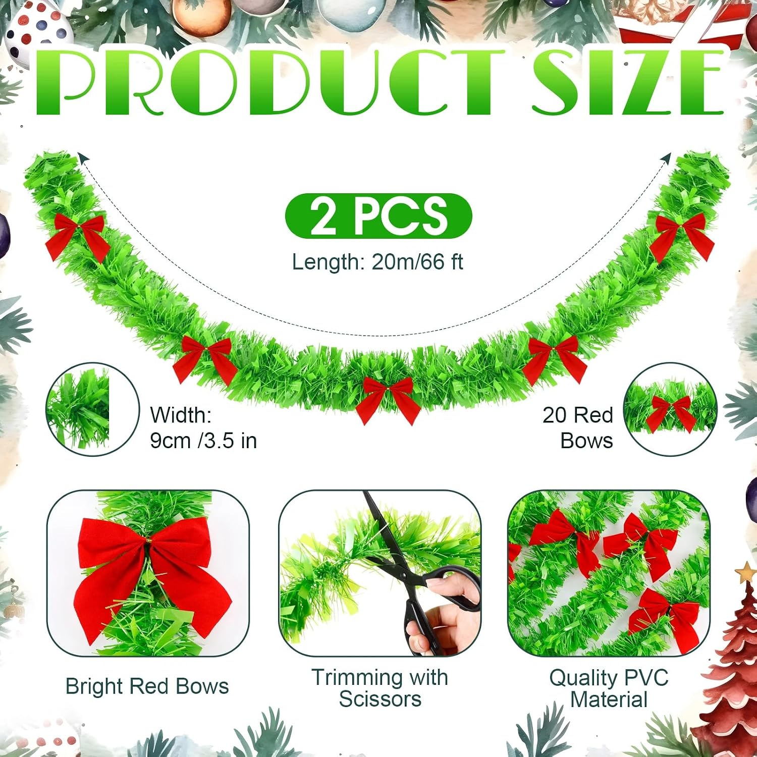 クリスマスライトグリーンのティンセルガーランド、赤いリボン付 - Tinsel Garland Decoration のレビューと価格