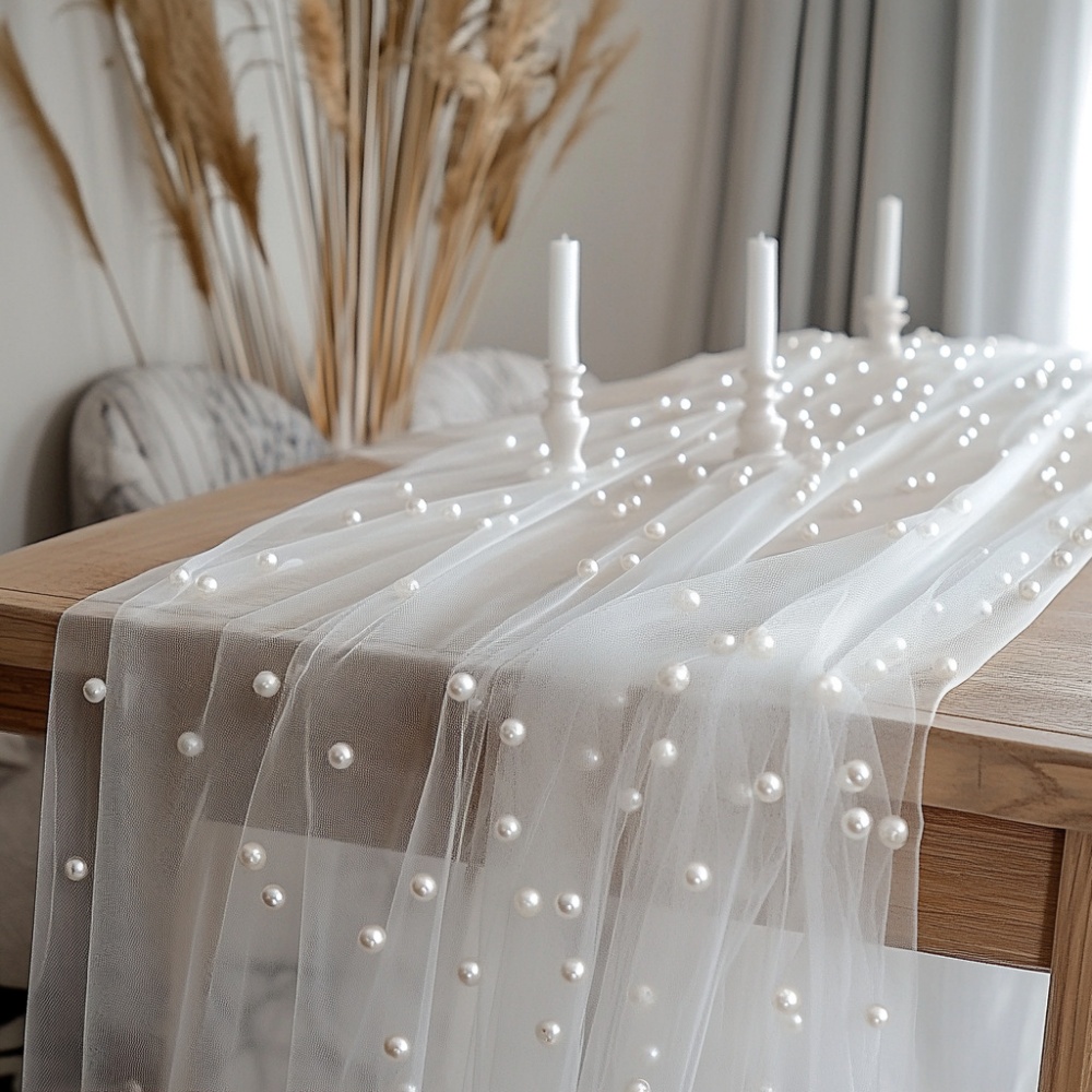 パールシフォンテーブルランナー 80x300cm 半透明ガー - Christmas Table Runner のレビューと価格