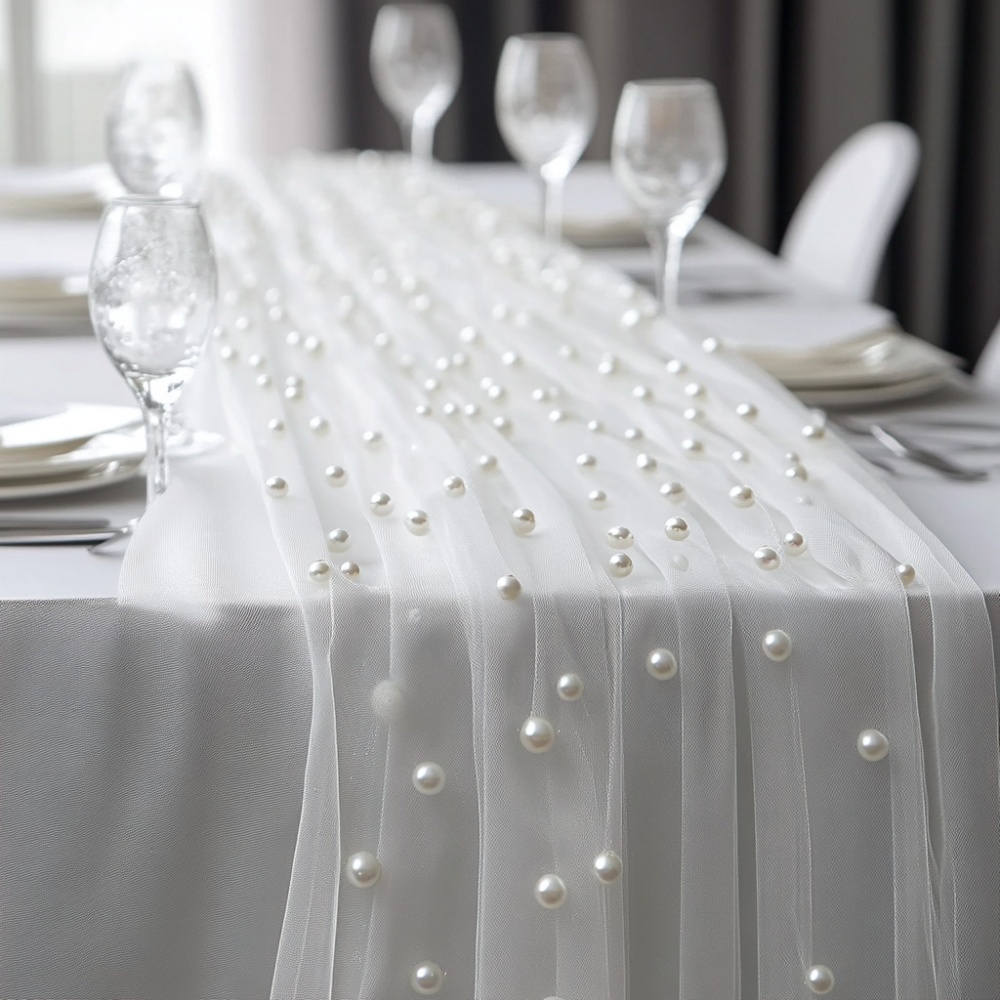 パールシフォンテーブルランナー 80x300cm 半透明ガー - Christmas Table Runner のレビューと価格
